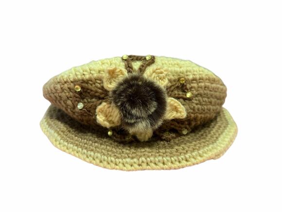 Unknown Accessories - Women's Brown Cream Crocheted Flower Embellish Faux Far Circle Hat